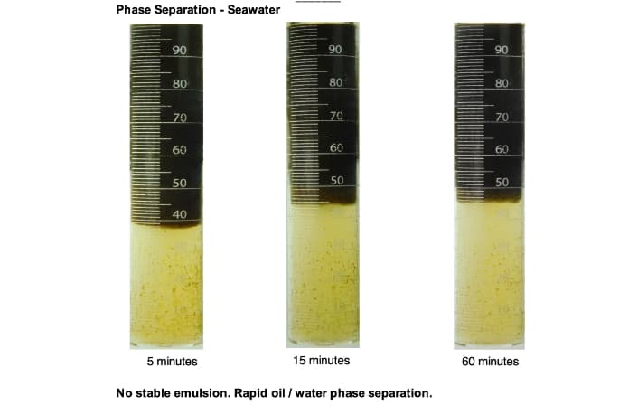 Observed phase separation in seawater at 5, 15 and 60 minutes.